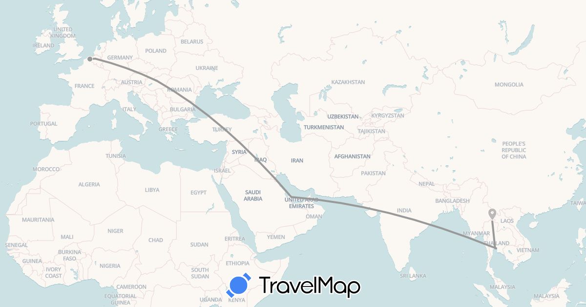 TravelMap itinerary: driving, plane in Belgium, Hungary, Qatar, Thailand (Asia, Europe)